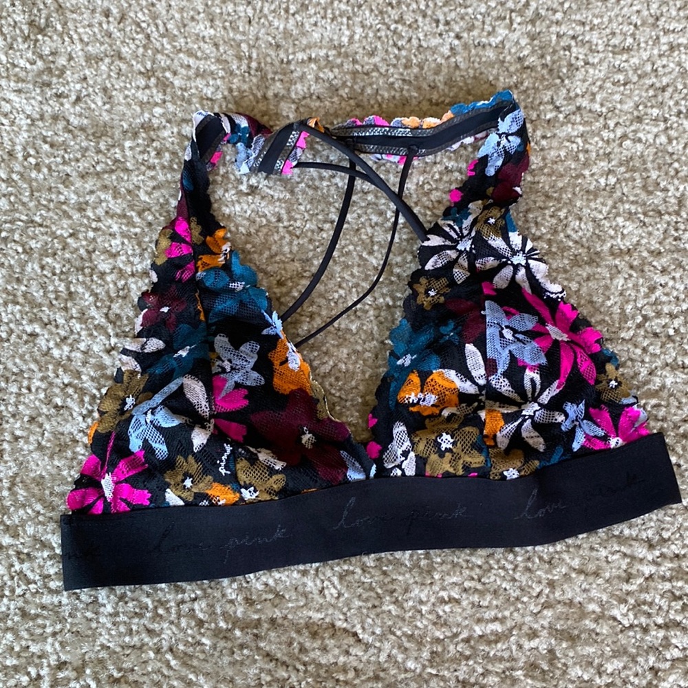 Pink Victorias Secret Black Floral Halter Bralette